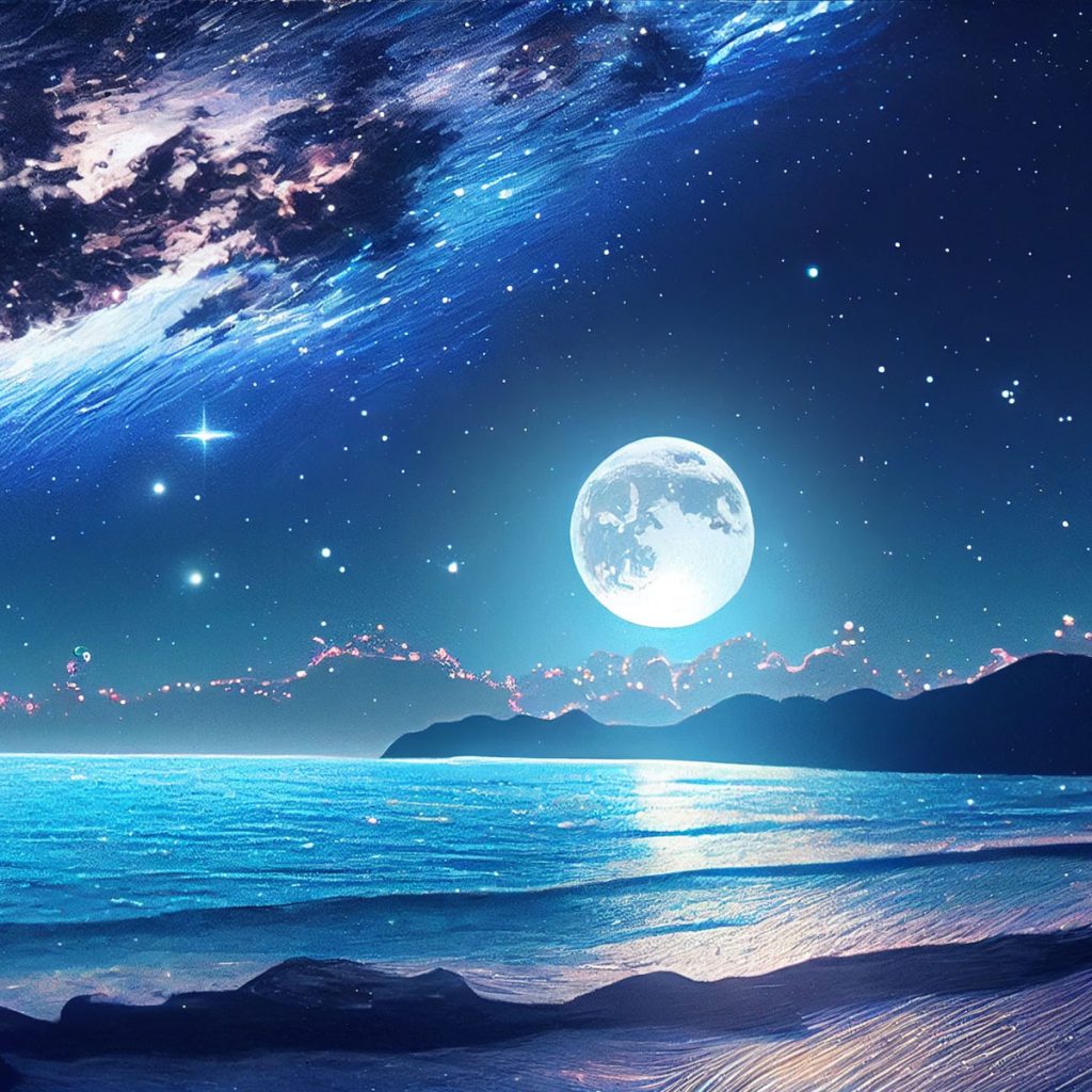 海岸線から見る星が輝く夜空と月の風景